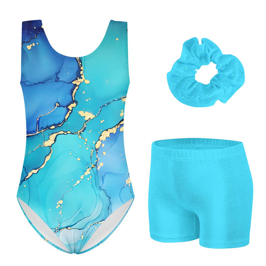 TUONROAD Leotards for Kids with Scrunchie Size 5 Little Girls 3 Piece Light Blue Marble Ballet Dance Leotard for 4t 5t Children 3D Print Princess Tie Dye Classic Athletic Outfits,4 5 Years