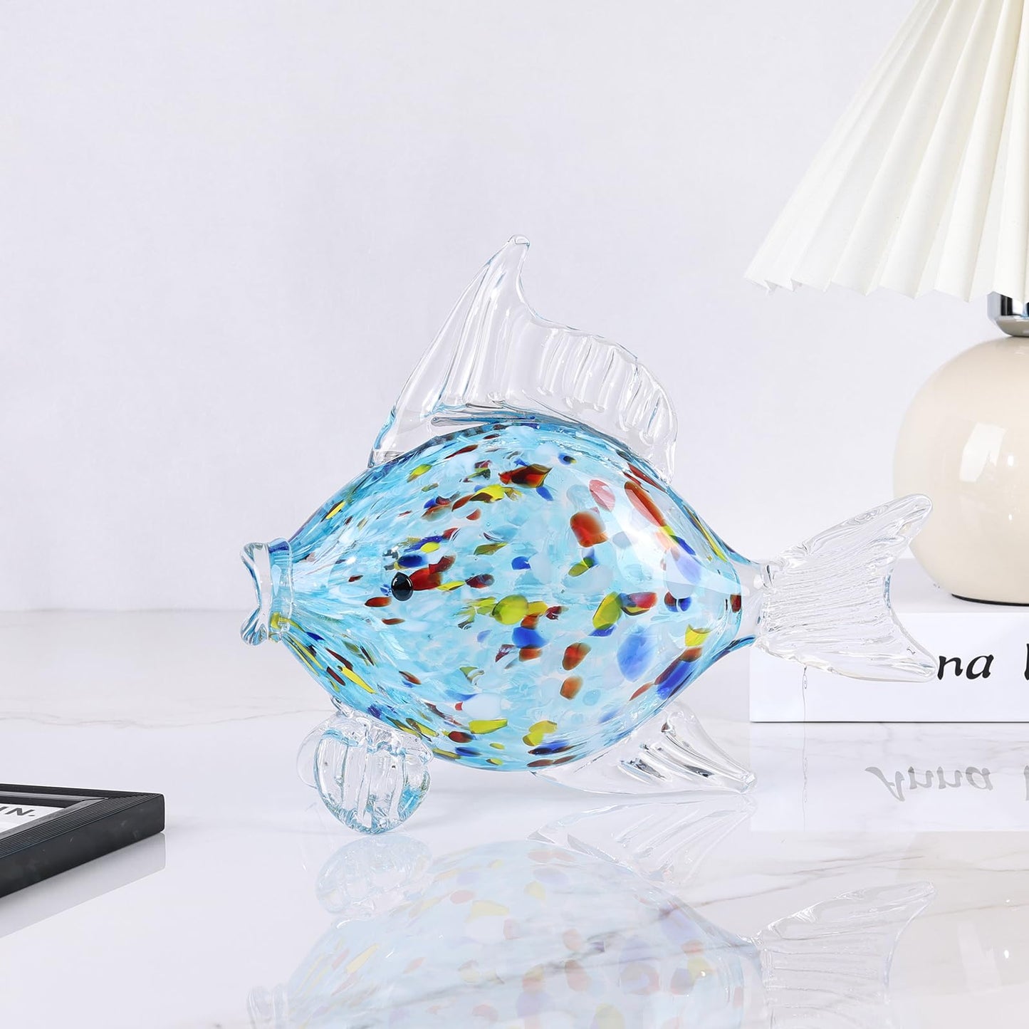 LINYTHER Large Glass Fish Figurine for Home Decor, Hand Blown Art Glass Ocean Animal Statue, Decorative Coastal and Beach Themed Sculpture for Table, Shelf, Bathroom, Living Room or Office