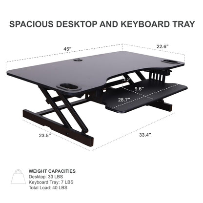 Rocelco 45" Height Adjustable Standing Desk Converter - Slide Out Retractable Keyboard Tray - Sit Stand Up Triple Monitor Riser - Dual Piston Lift Tabletop Computer Workstation - Black (R ADRB-45)