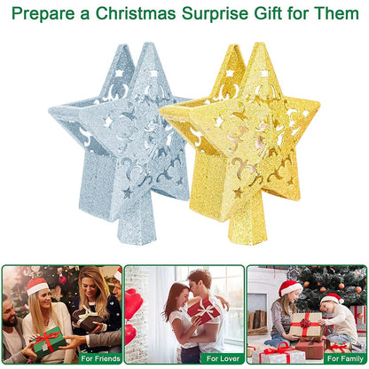 YUEWO Star Christmas Tree Topper Lighted with LED Rotating Snowflake Projector Lights, 3D Hollow Silver Star Snow Tree Topper for Christmas Tree Decorations