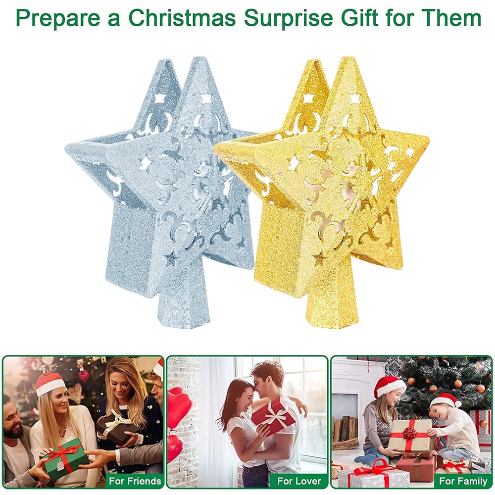 YUEWO Star Christmas Tree Topper Lighted with LED Rotating Snowflake Projector Lights, 3D Hollow Silver Star Snow Tree Topper for Christmas Tree Decorations