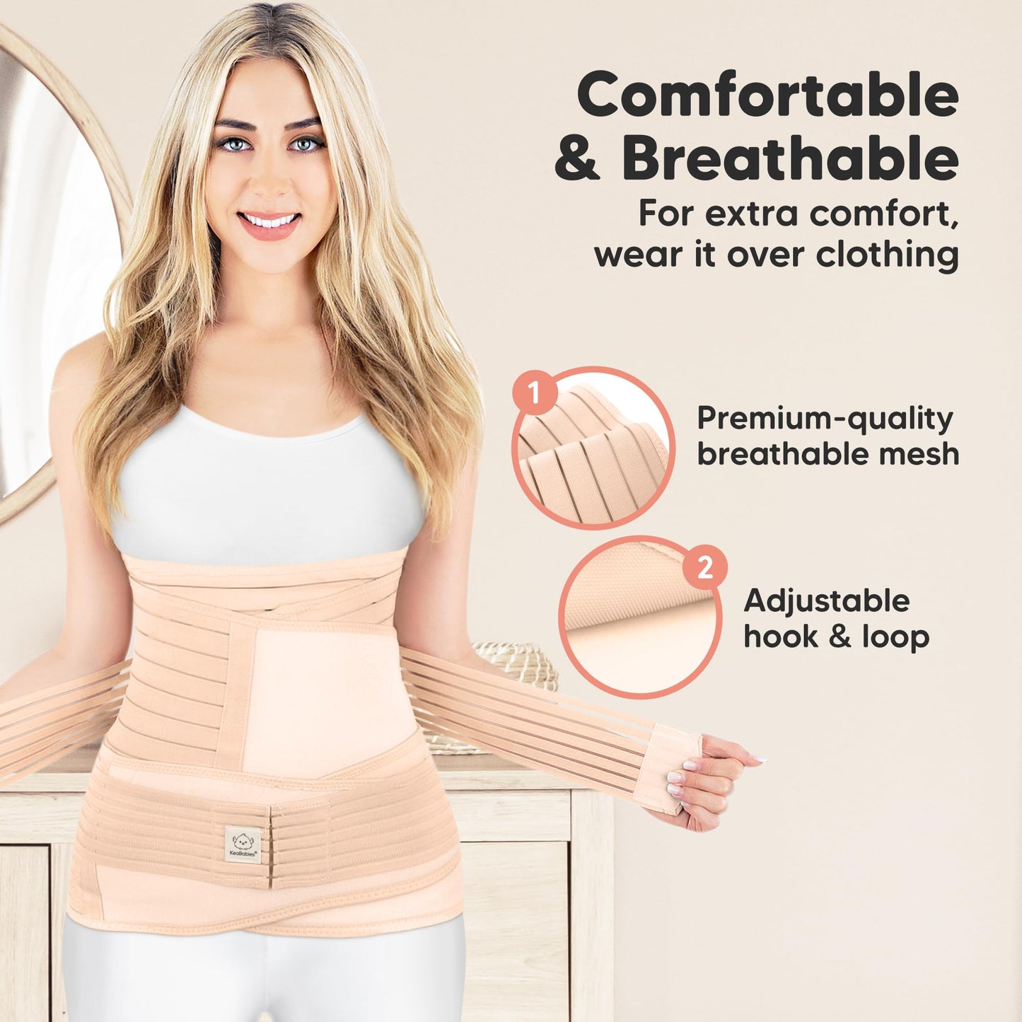 KeaBabies 3 in 1 Postpartum Belly Support Recovery Wrap – 2-Pack Postpartum Belly Band, After Birth Brace, Slimming Girdles, Waist Shapewear, Post Surgery Pregnancy Support Band (Black/Ivory, M/L)