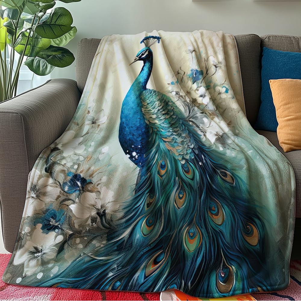 HUNXIAOJ Peacock Throw Blanket Peacock Themed Decor Animal Print Blanket King Size Soft Warm Flannel for Sofa Bed (30 in x 40 in)