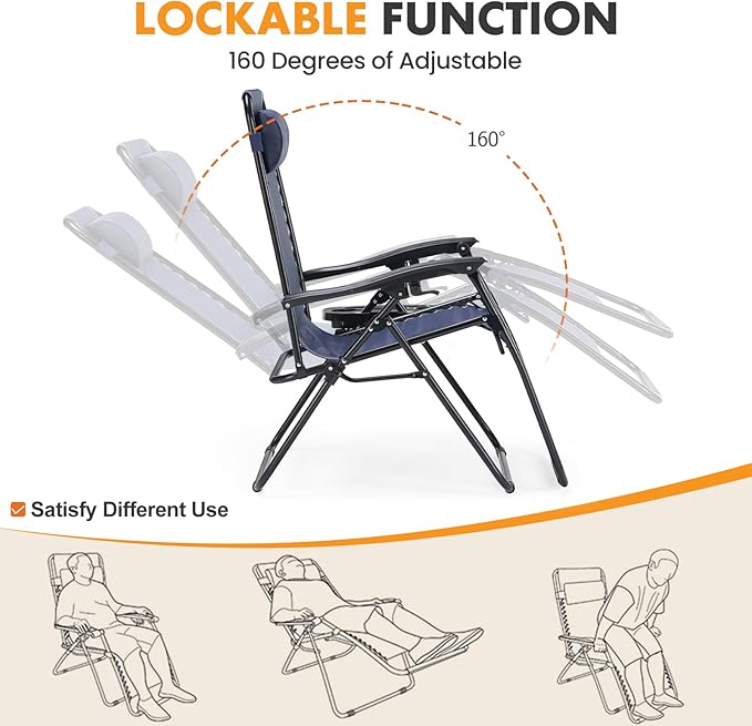 NEWBULIG Zero Gravity Chair Set of 2, Lounge Chair Folding Portable Adjustable Camping Reclining Chairs with Adjustable Pollow, Mesh Back, Cup Holder Trays Lawn Patio Chair for Pool Beach - Blue