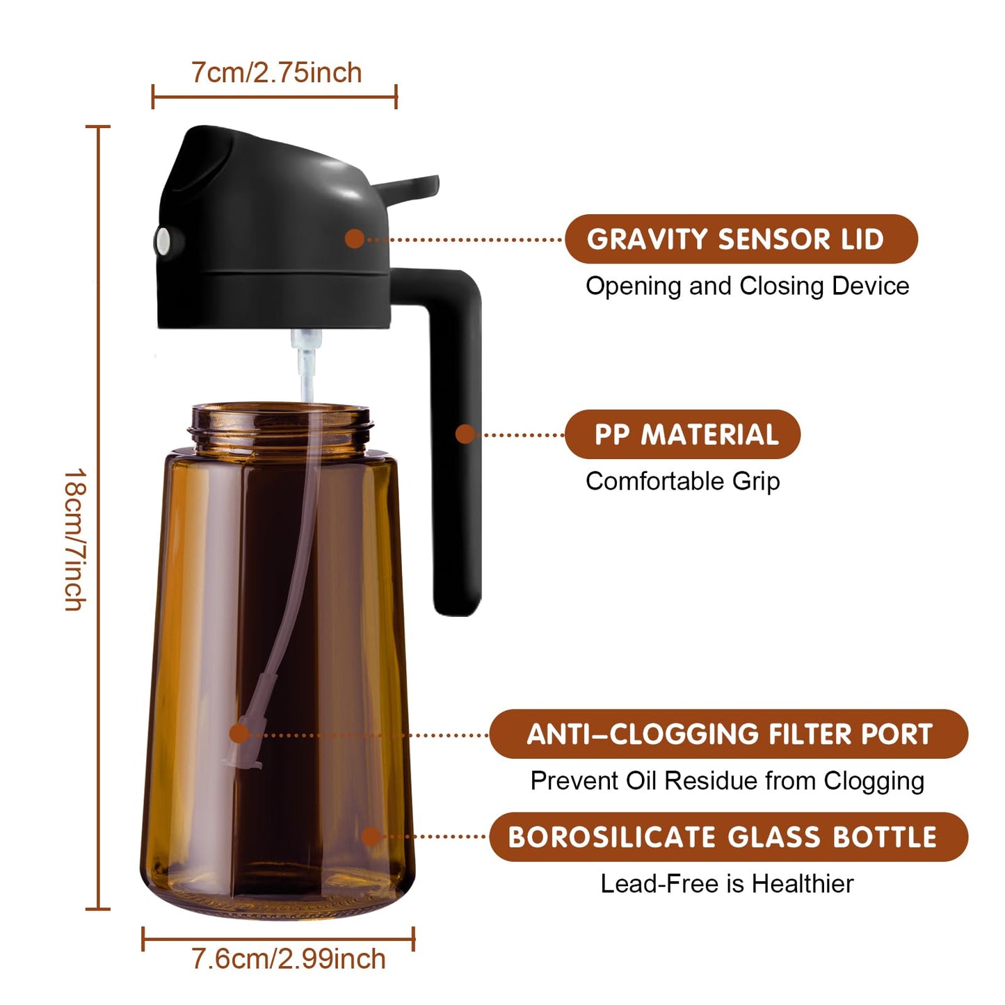 YARRAMATE 16oz/470ml Light Blocking Oil Sprayer for Cooking with Stickers, Food-Grade 2 in 1 Olive Oil Dispenser Bottle for Kitchen, Premium Dark Amber Glass Oil Bottle for Air Fryer, BBQ (Black)