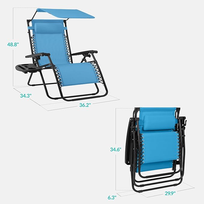 Best Choice Products 30” Wide Folding Zero Gravity Outdoor Recliner Patio Lounge Chair w/Adjustable Canopy Shade, Headrest, Side Accessory Tray - Light Blue