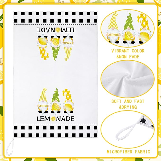 Bencailor 4 Pcs Lemon Kitchen Towels Lemonade Dish Towels Gnome Black and White