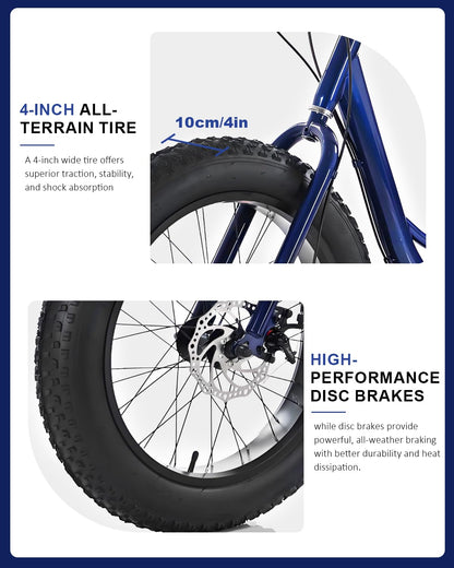 Thalorus Adult Tricycle, 20-Inch Fat Tire All-Terrain 3-Wheel Bike, 7-Speed Heavy-Duty, 450lb Capacity, Large Cargo Basket, Dual Disc Brakes, Comfort Seat for Seniors (PTS9)