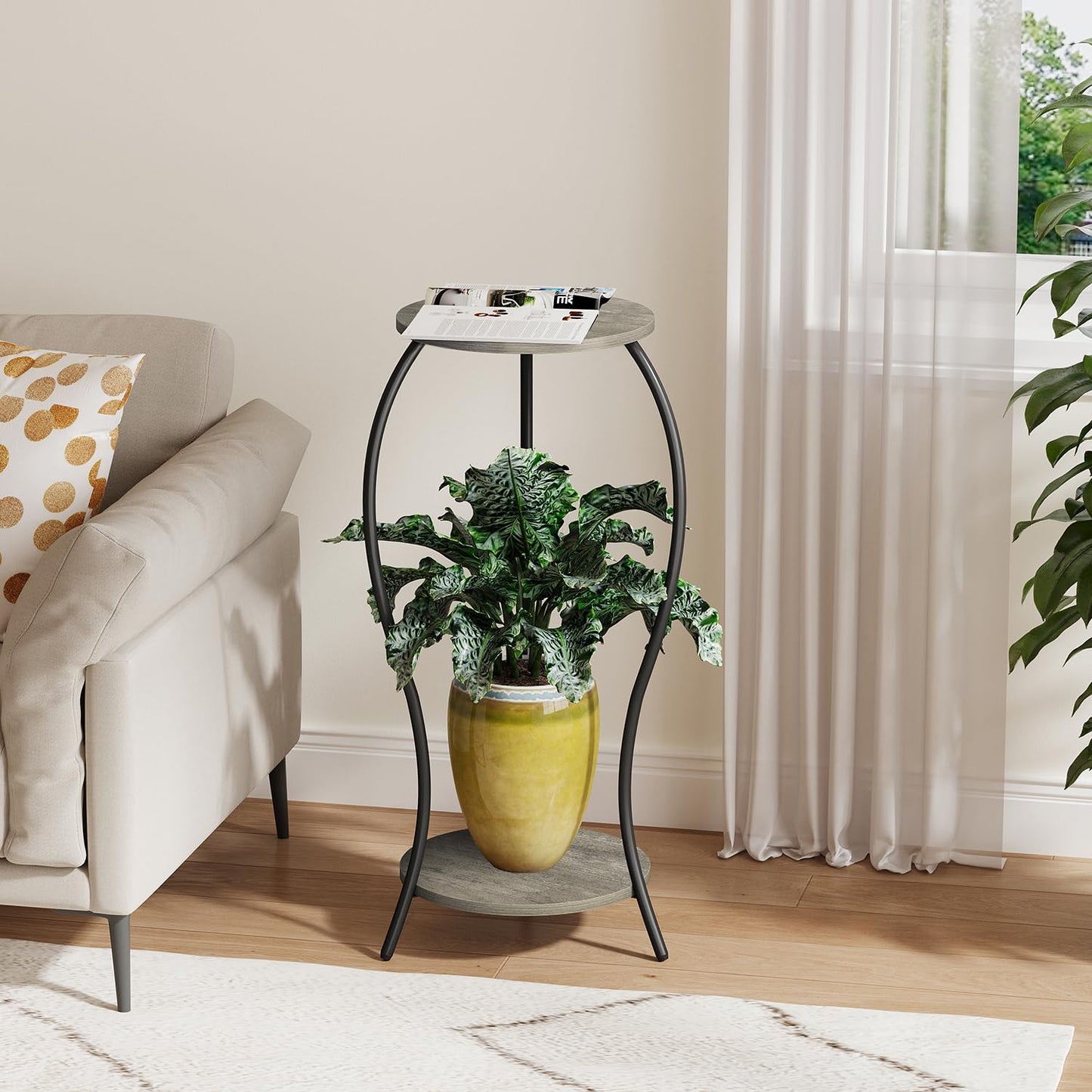 VYUOL Plant Stand Indoor, 2 Tier Round Tall Plant Stand, Flower Pot Stand, Plant Shelf Rack, Corner Plant Stand for Planter Garden Balcony Patio Living Room, Grey