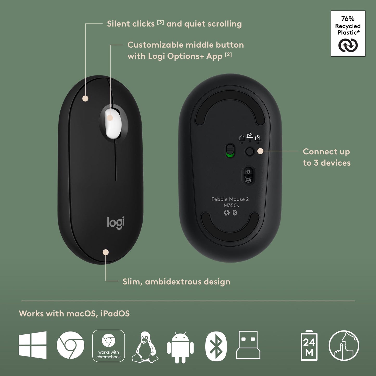 Logitech Pebble Keys 2 K380s, Multi-Device Bluetooth Wireless Keyboard with Customizable Shortcuts, Slim and Portable, Easy-Switch for Windows, macOS, iPadOS, Android, Chrome OS - Tonal Graphite