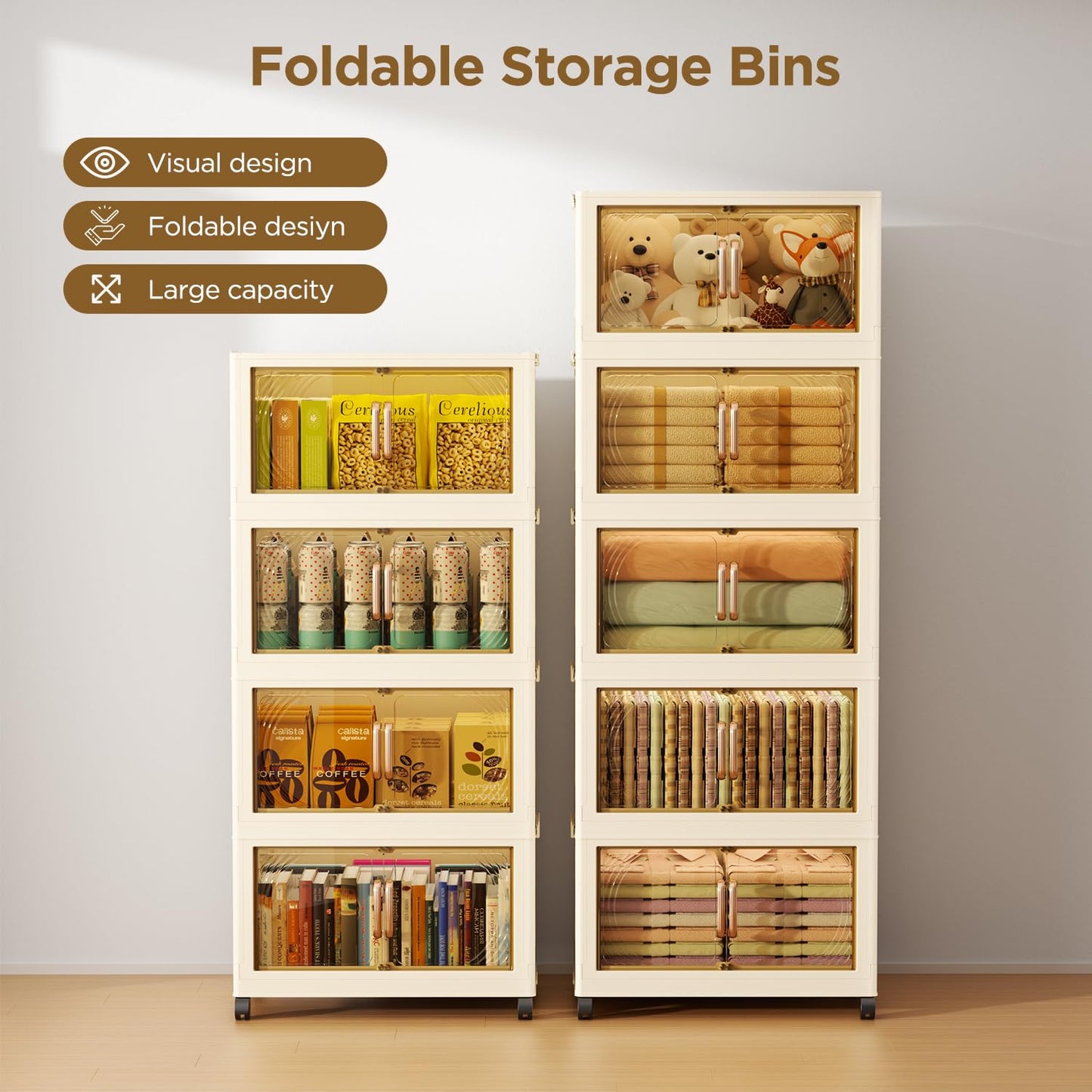 YUEXINKJ 102QT Plastic 5 Tier Storage Bins with Lids,Folding Storage Box with Doors and Wheels Stackable Storage Bins,Closet Organizers and Storage for Living Room,Office,Dorm