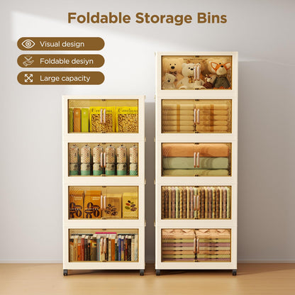 YUEXINKJ 102QT Plastic 5 Tier Storage Bins with Lids,Folding Storage Box with Doors and Wheels Stackable Storage Bins,Closet Organizers and Storage for Living Room,Office,Dorm