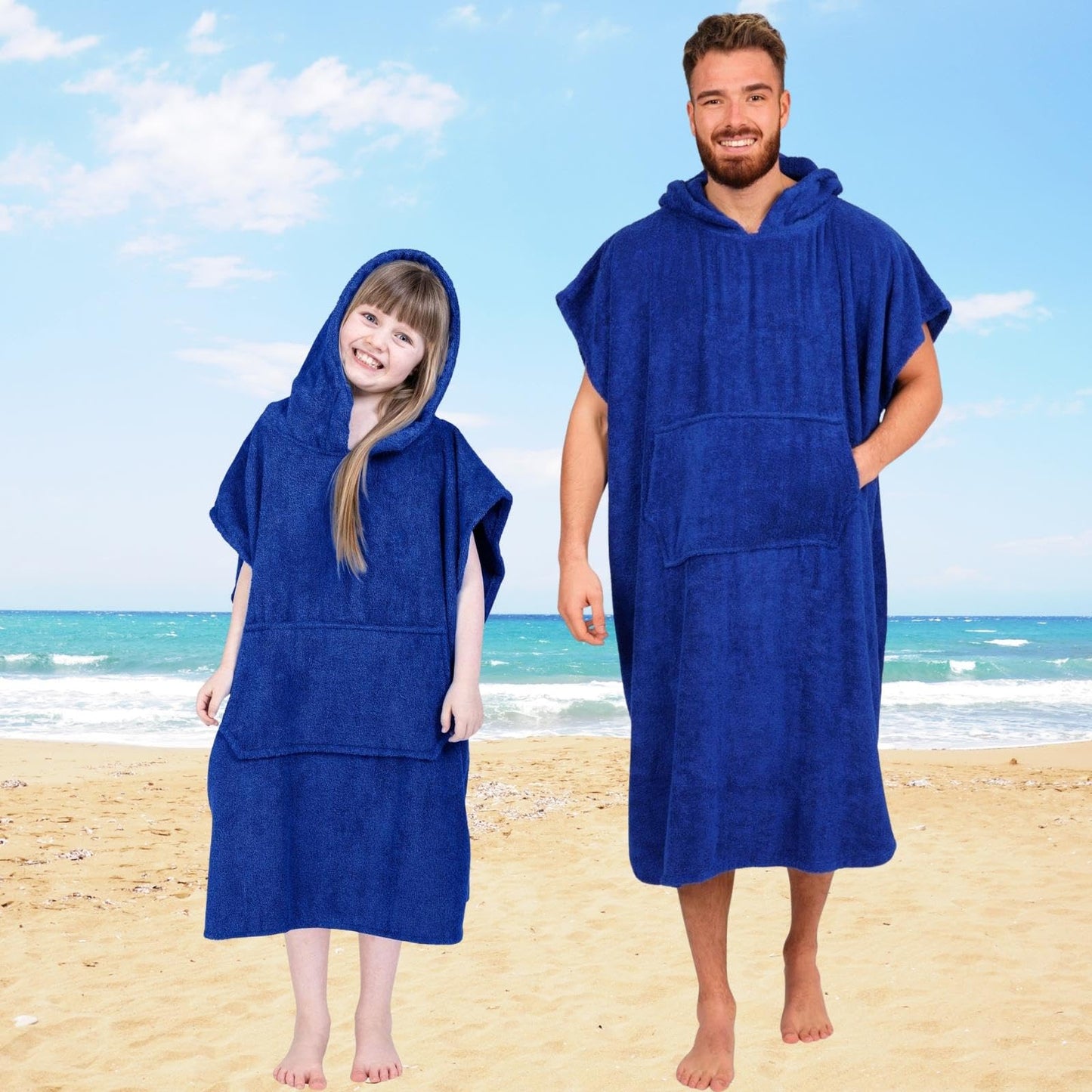 Adore Childrens Hooded 100% Cotton Changing Robe with Pocket Beach Terry Towelling Poncho Towel Swimming Surf (Royal Blue, Age 10-13)