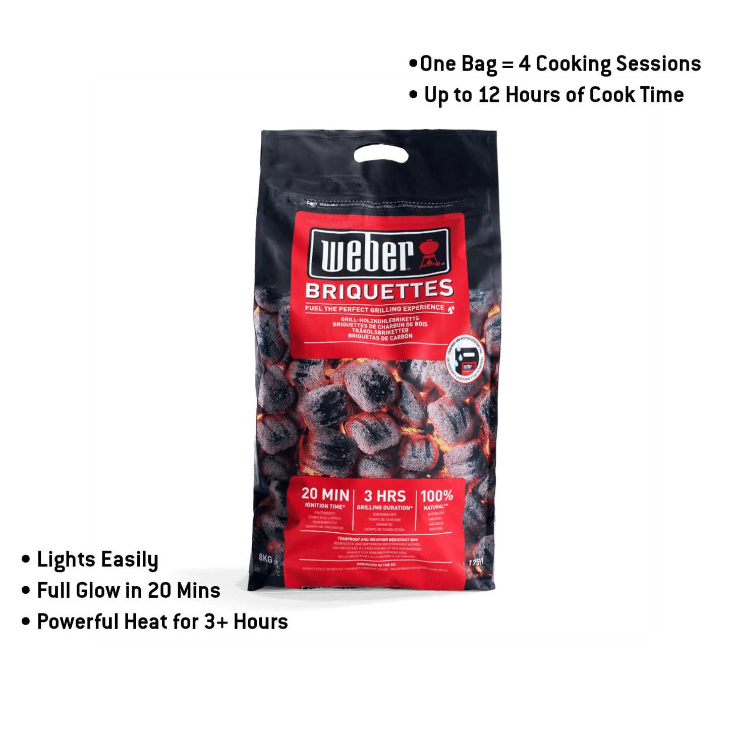 Weber Grill Briquettes (8kg bag), for long and consistent heat, ideal for longer grilling of grill food, 100% natural wood, EU product, sustainably sourced, FSC certified (17591)