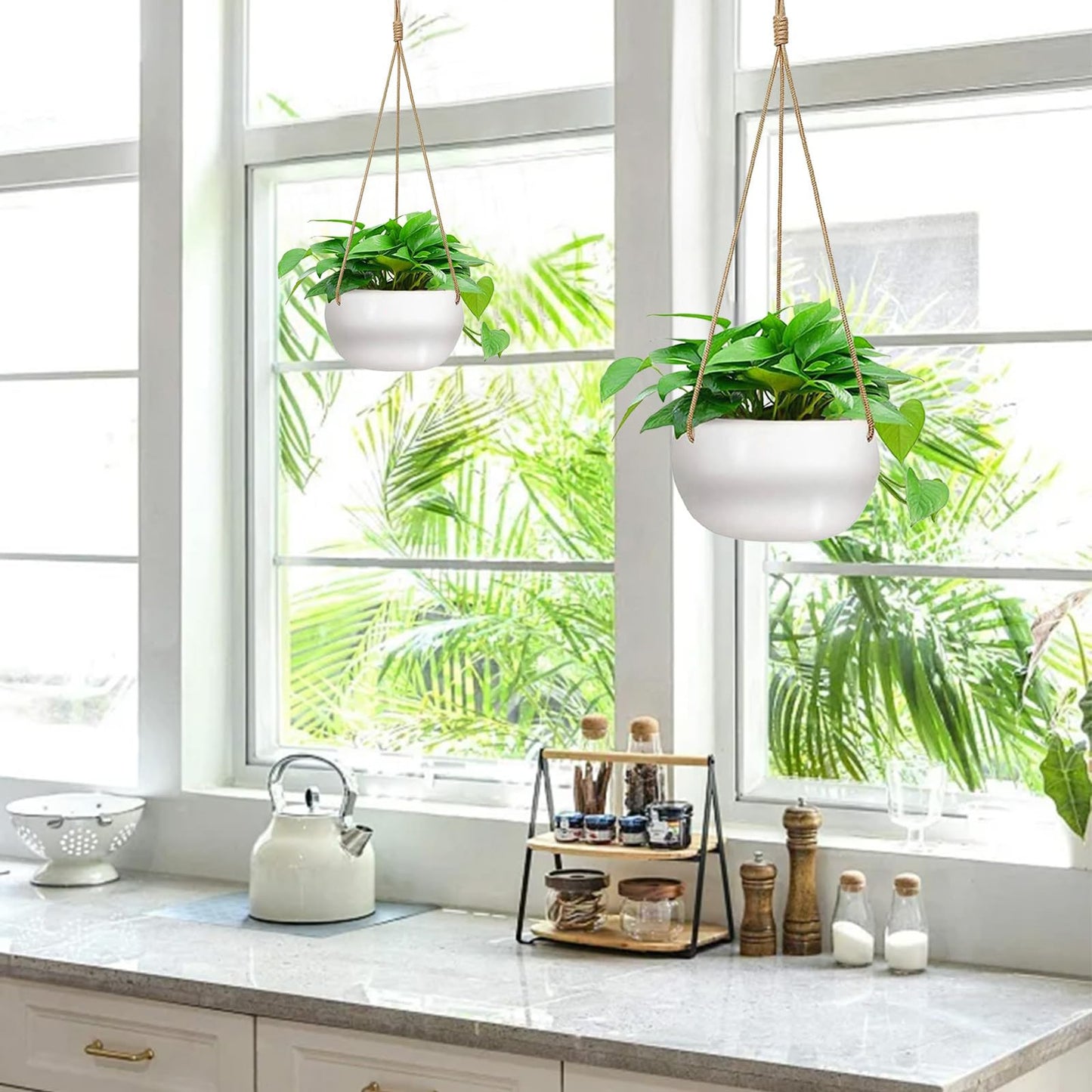 TIGKHAE Ceramic Hanging Planters for Indoor Outdoor Plants,8 in Modern Plant Pot Round Porcelain Hanger Basket with Rope Hanging Plant Holder Drainage Flower Pot for Herbs Ferns Ivy Pothos,White