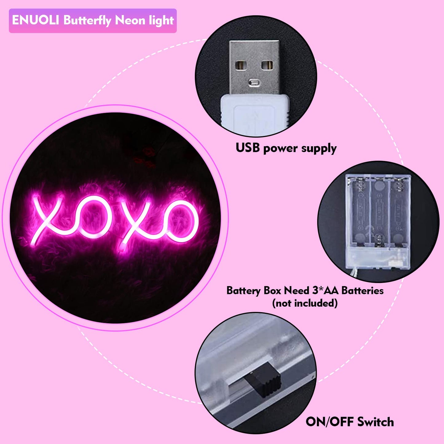 ENUOLI Neon Lights for Bedroom, XOXO Pink Neon Sign USB Battery Powered Neon Sign Wall Decorations Home Decor Led Sign for Living Game Room Bar Party Neon Wall Decor Valentine's Gift