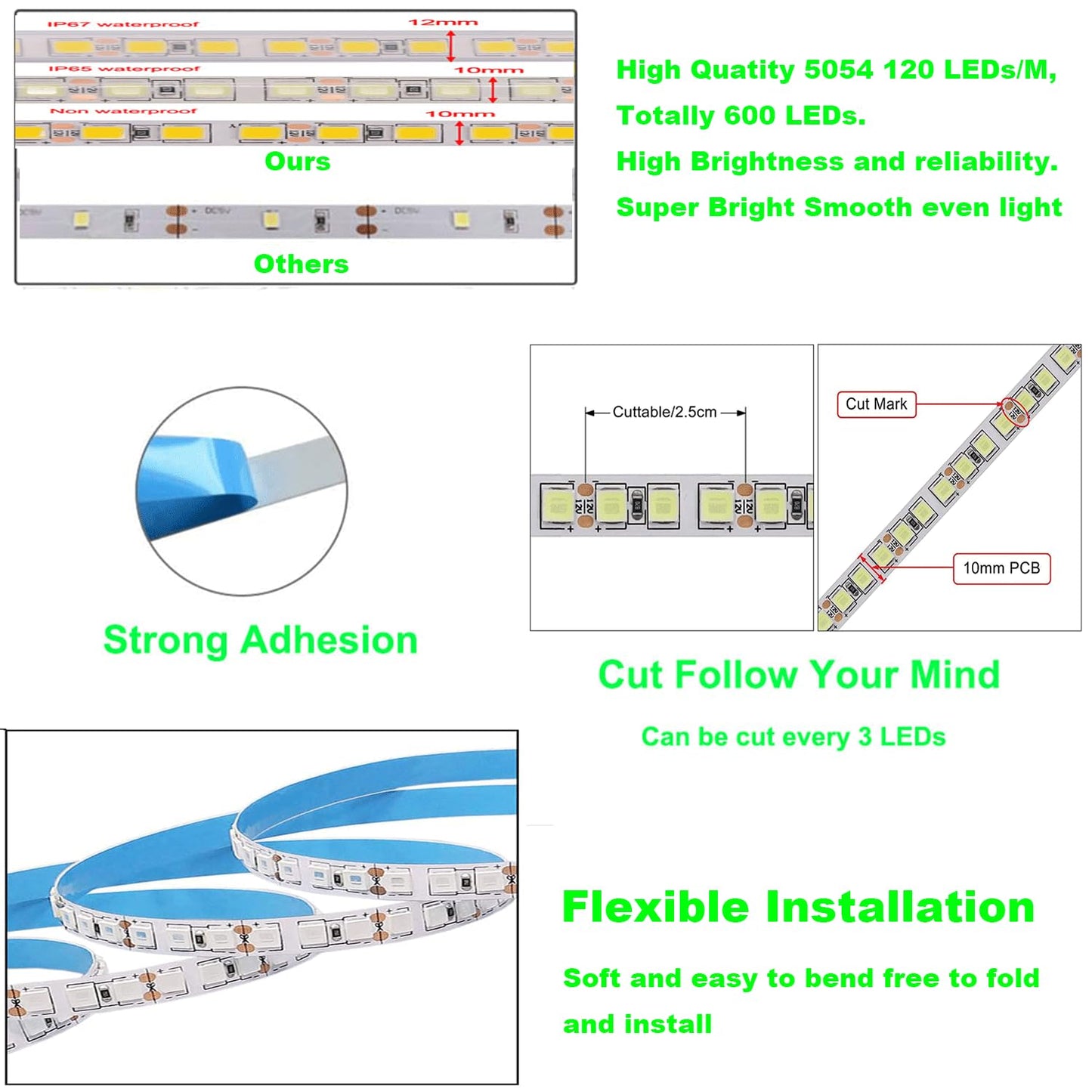 HAASHADA LED Lights Strips, Super Bright DC12V 5m/16.4ft 15000LM SMD5054 (5050 Upgraded) 600 LEDs Strip Lights, Dimmable Flexible LED Ribbon Tape Strips, Non-Waterproof Natural White 4000K