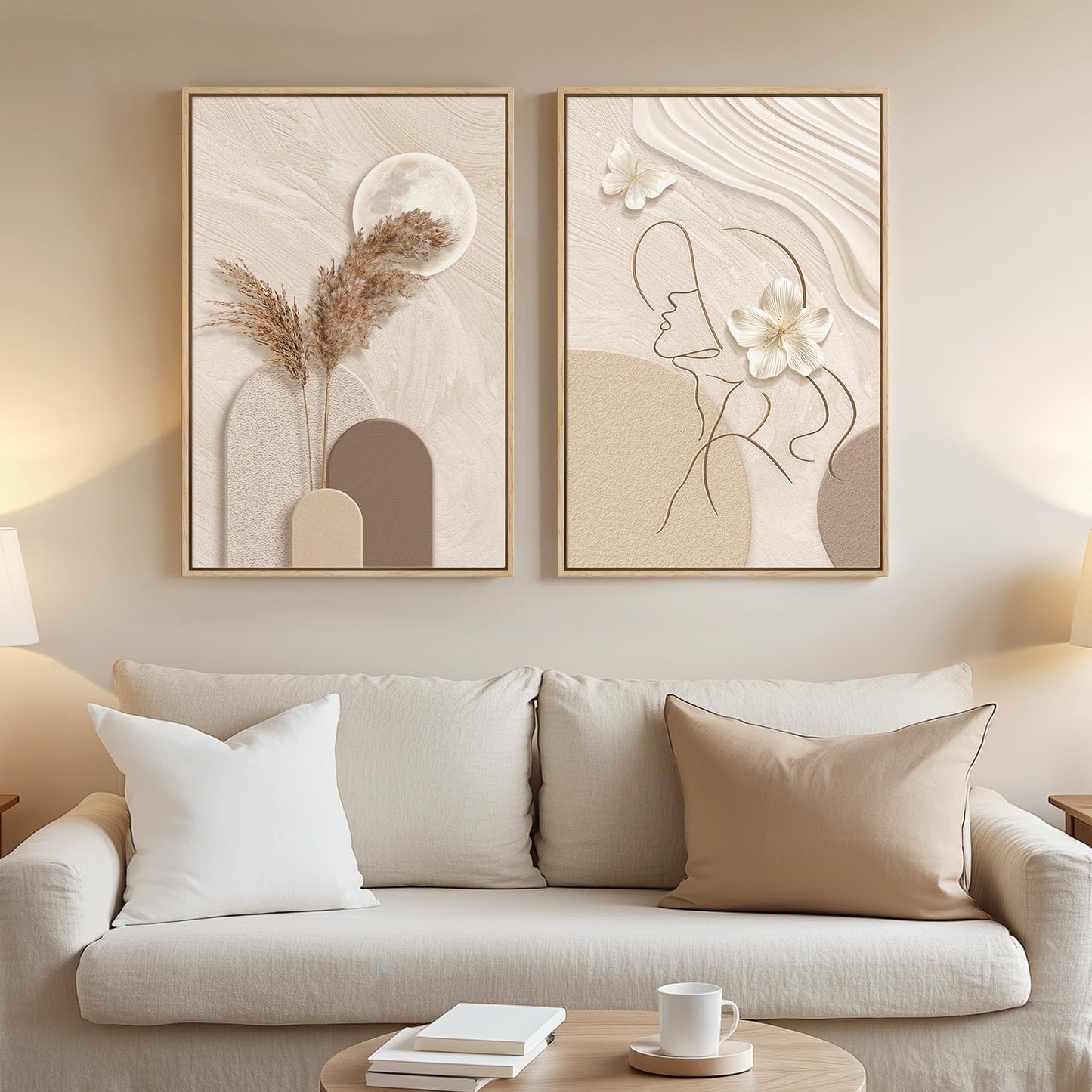 Framed Boho Sage Green Wall Art for Living Room, Large Mid Century Modern Tropical Leaf Canvas Artwork for Walls, 3 Piece Beige Orange Bohemian Wall Art Prints for Bedroom Kitchen Hallway, 16x24 Inch
