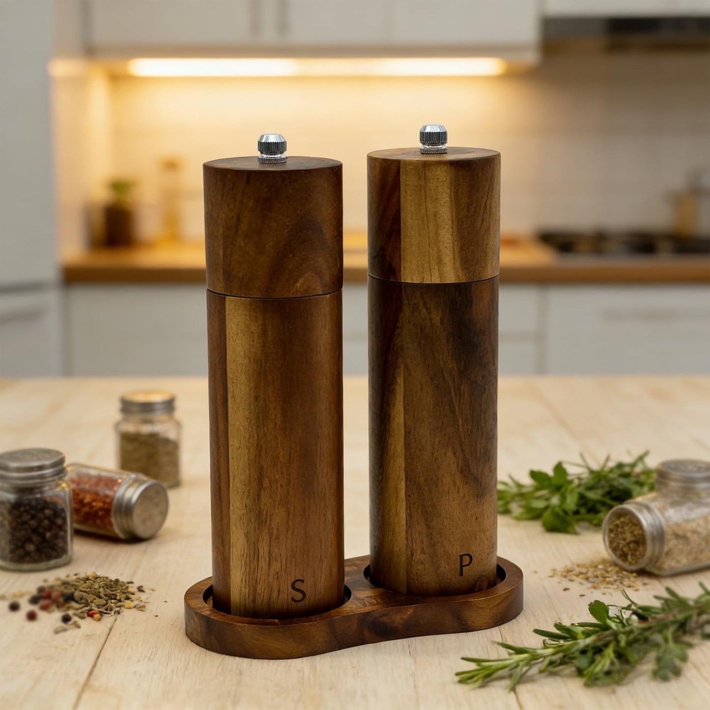 Amestar 8 Inch Acacia Wooden Salt and Pepper Grinder Set, Refillable Salt and Pepper Mills Adjustable Coarseness, Salt and Pepper Shakers Matching Wooden Tray, Spice Grinder for Kitchen