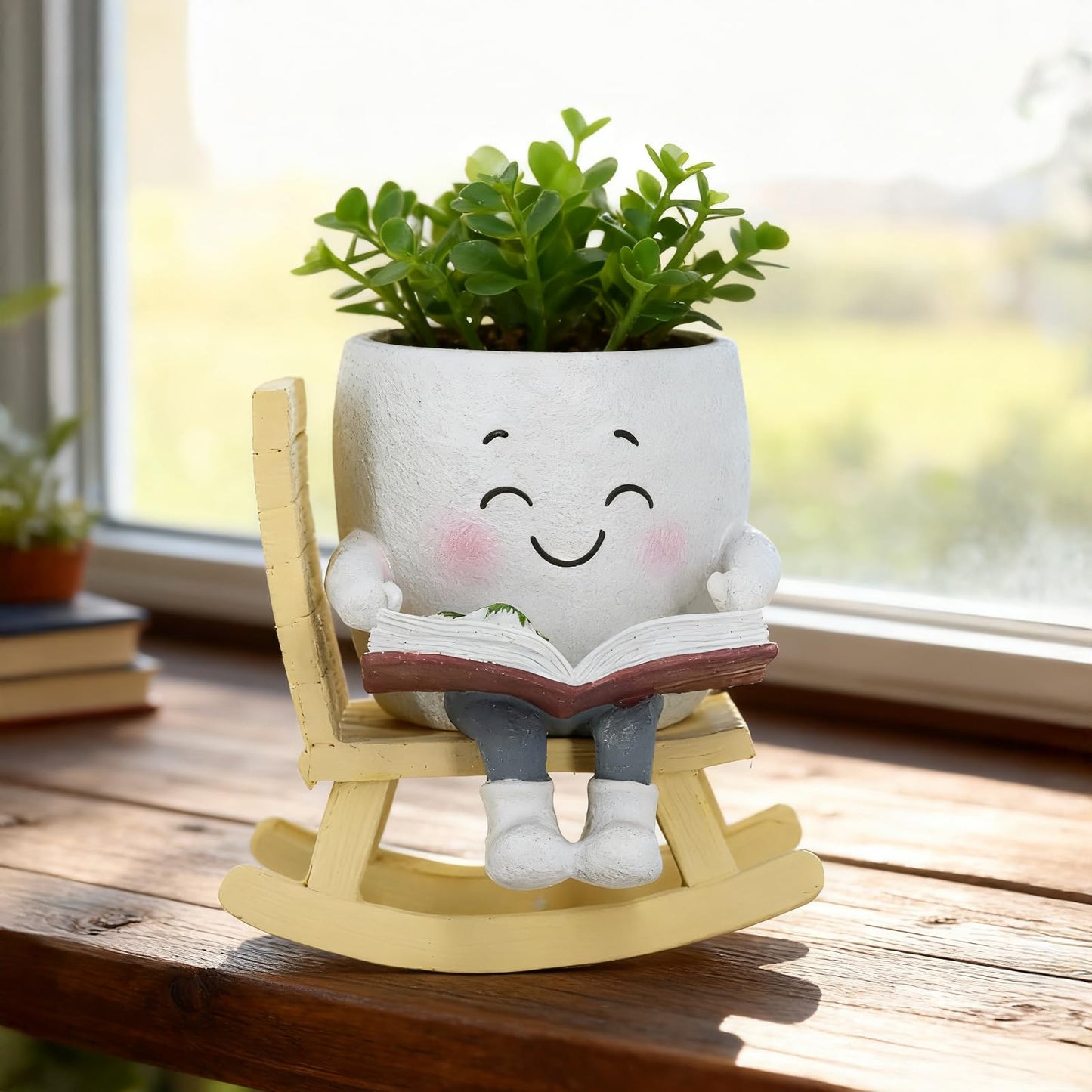 Smiley Face Planter Pot, Cute Resin Head Planter with Drainage Hole, Unique Rocking Chair Succulent Pot for Indoor Outdoor Plants, Funny Plant Lovers Gift for Mother's Day and Christmas (Side-Sitting)