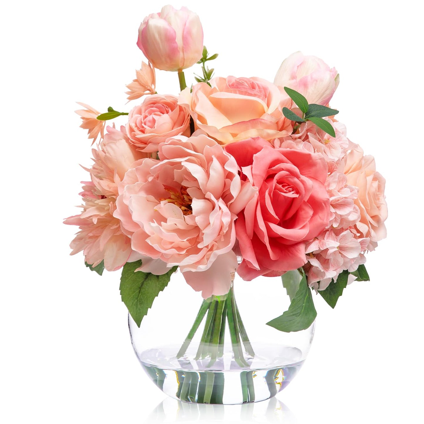 WELL KNOWN Artificial Flowers in Vase with Fake Water, Peach Pink Silk Peony Rose Tulip Spring Flower Bouquet for Home Birthday Party Wedding Dining Table Centerpieces Office Decor Mom's Gift