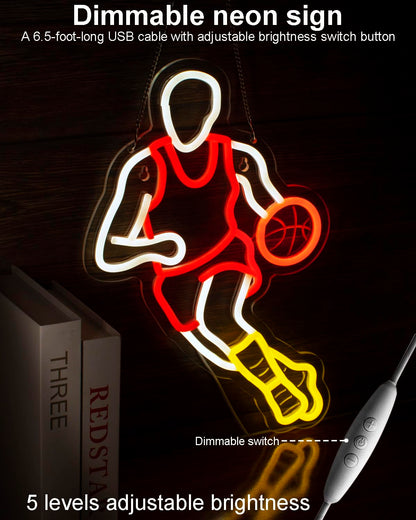 Basketball Neon Signs for Wall Decor,Sport Basketball Player LED Neon light, Dimmable USB Powered, Decor for Home Gym Bedroom Man Cave Arena Room Bar Garage,Gift for Basketball Fans