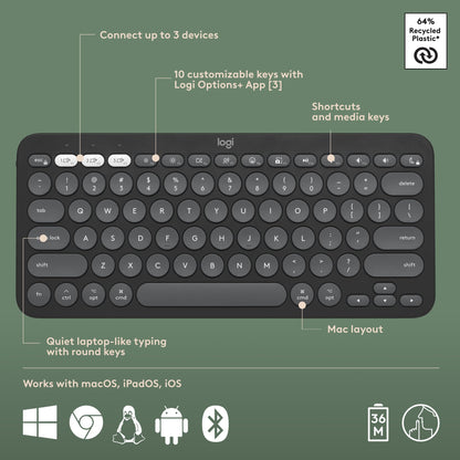 Logitech Pebble Keys 2 K380s, Multi-Device Bluetooth Wireless Keyboard with Customizable Shortcuts, Slim and Portable, Easy-Switch for Windows, macOS, iPadOS, Android, Chrome OS - Tonal Graphite