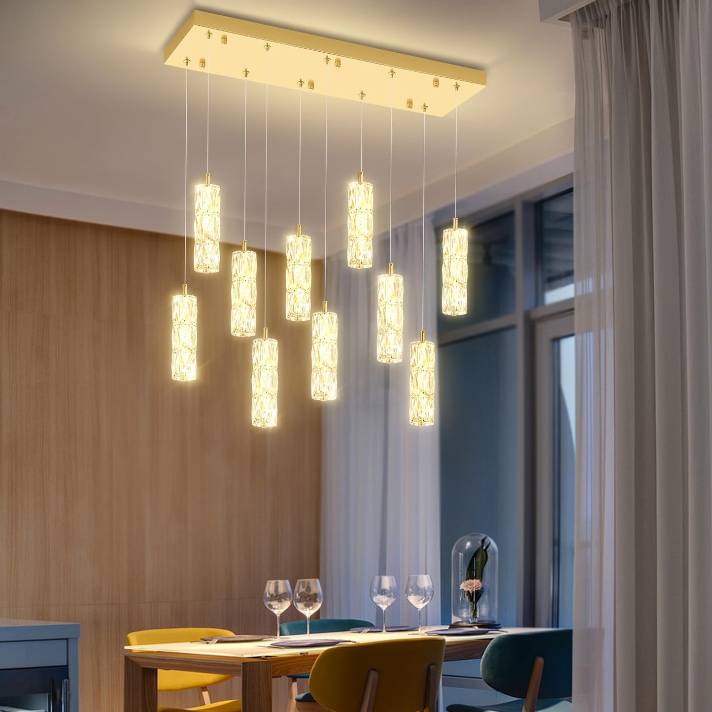 ykolupty Modern Crystal Chandelier 10-Lights Rectangle Pendant Light LED Dimmable Gold Linear Chandelier Flush Mount Crystal Pendant Light for Living Room Dining Room Foyer