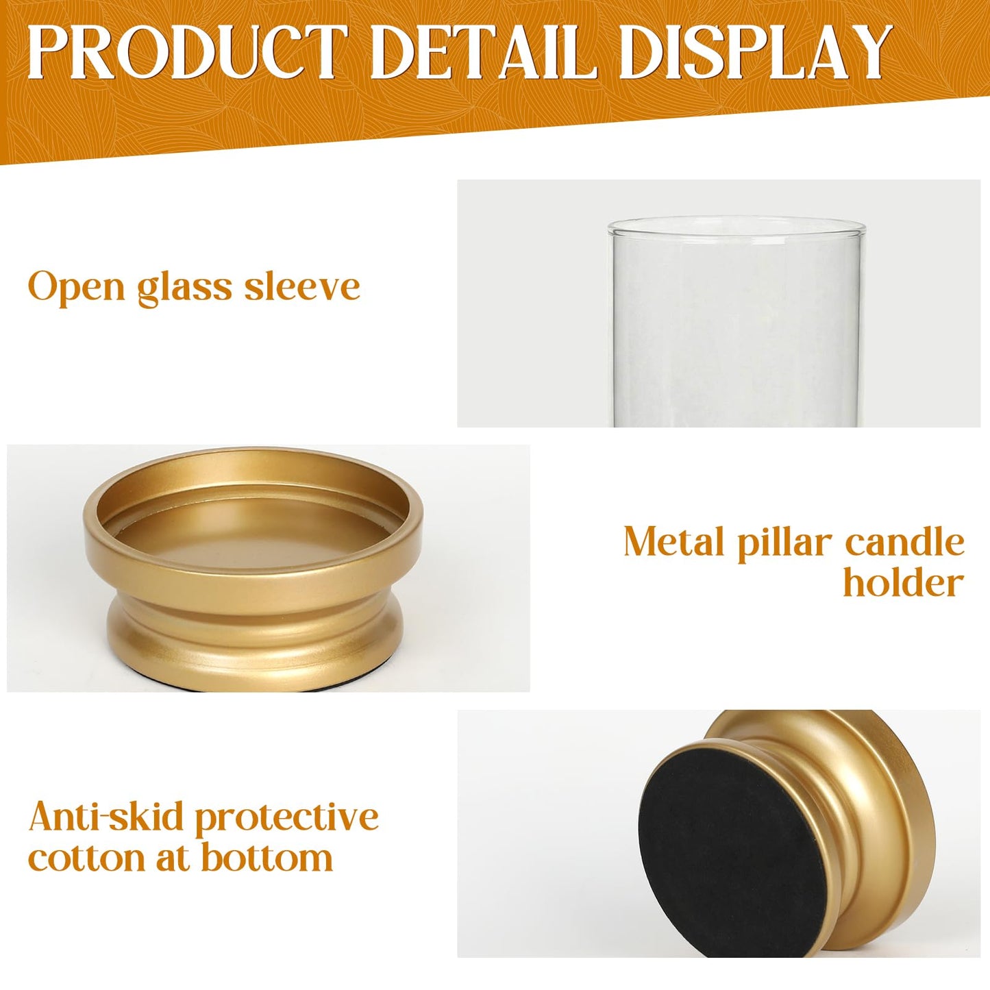 Gold Hurricane Candle Holders Set of 2 with Glass - Modern Pillar Candle Stands for Fireplace Mantel, Dining Table Centerpiece & Home Decor, 7.1" & 9" High