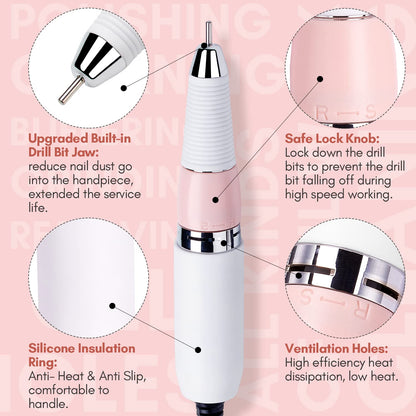 Makartt Nail Drill Professional: 60W 35000RPM Electric Nail File with Coreless Motor, 2 in 1 Desktop & Portable, Drill Bits and LCD Display for Acrylic Gel Nails, Nouvella Pink