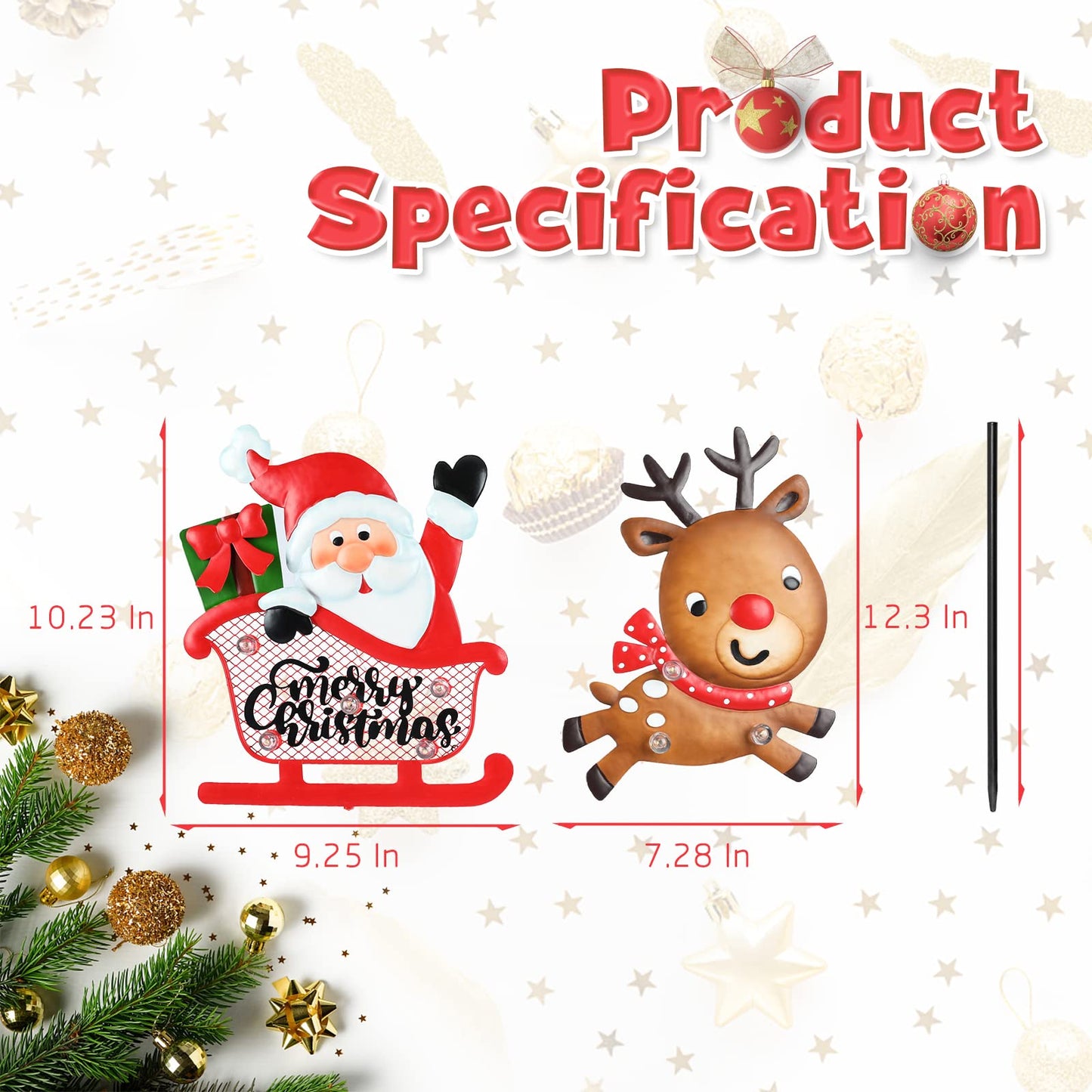 WONDER GARDEN Christmas Metal Yard Stakes, Lighted 3 Pack Christmas Garden Stakes Yard Signs, Outdoor Decorations with Santa Sleigh and Reindeer for Lawn Party Outside