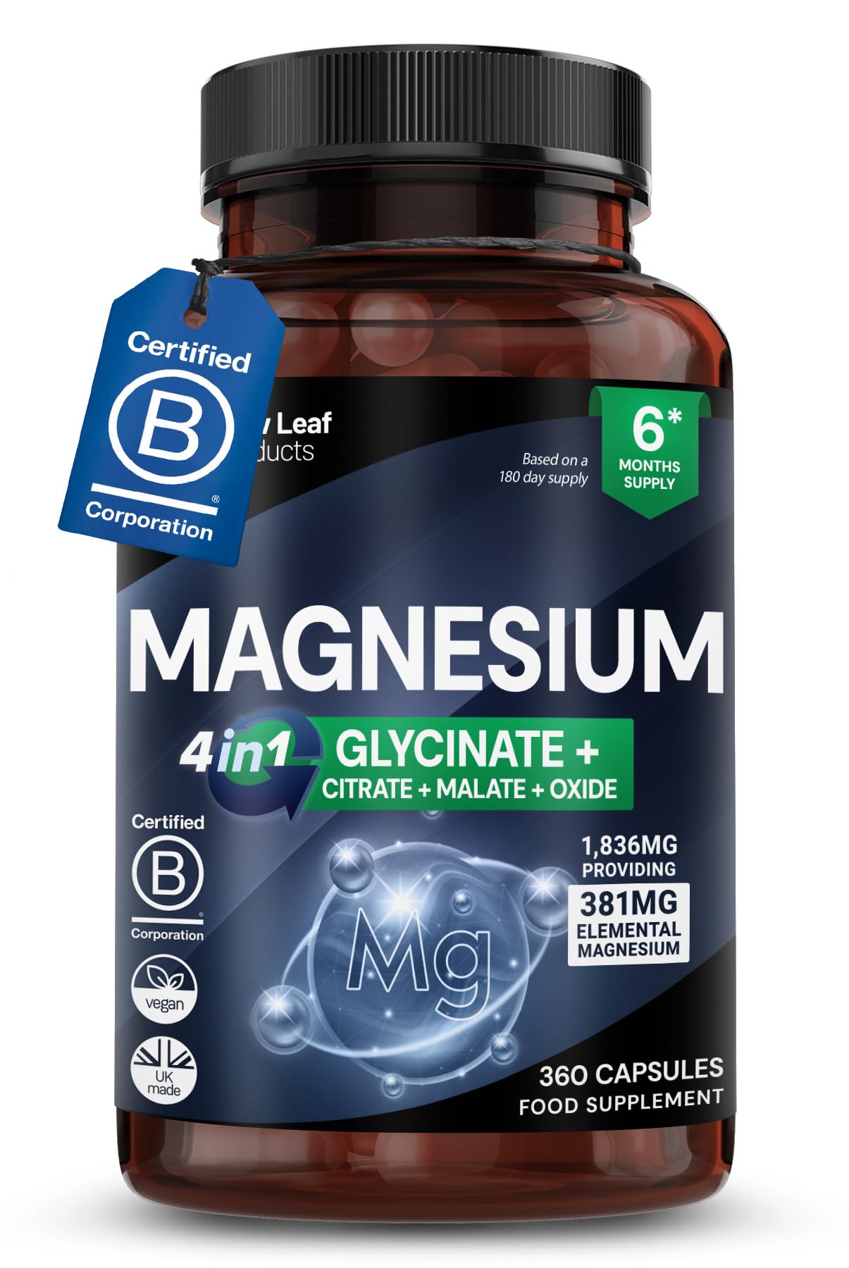 Magnesium Glycinate 4-in-1 Complex 2000mg - High Strength Magnesium Supplements - Bisglycinate,Citrate, Malate, Oxide - 360 Capsules 449mg Elemental - Vegan UK Made by New Leaf