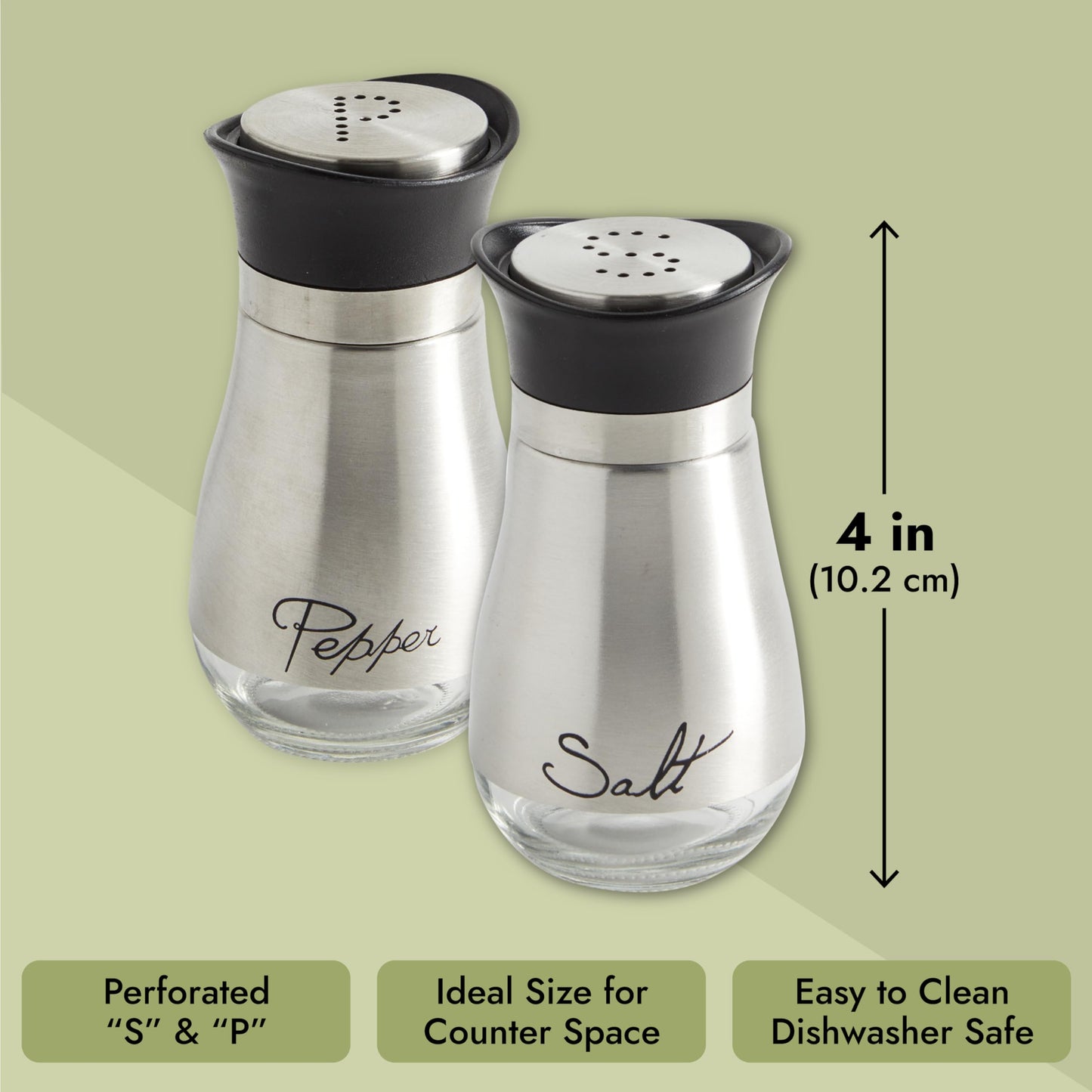 Juvale Stainless Steel Salt and Pepper Shakers Set with Holder, Refillable, Clear Glass Bottoms, Screw-Off Perforated "S" and "P" Caps for Kitchen Table Decor (4oz)