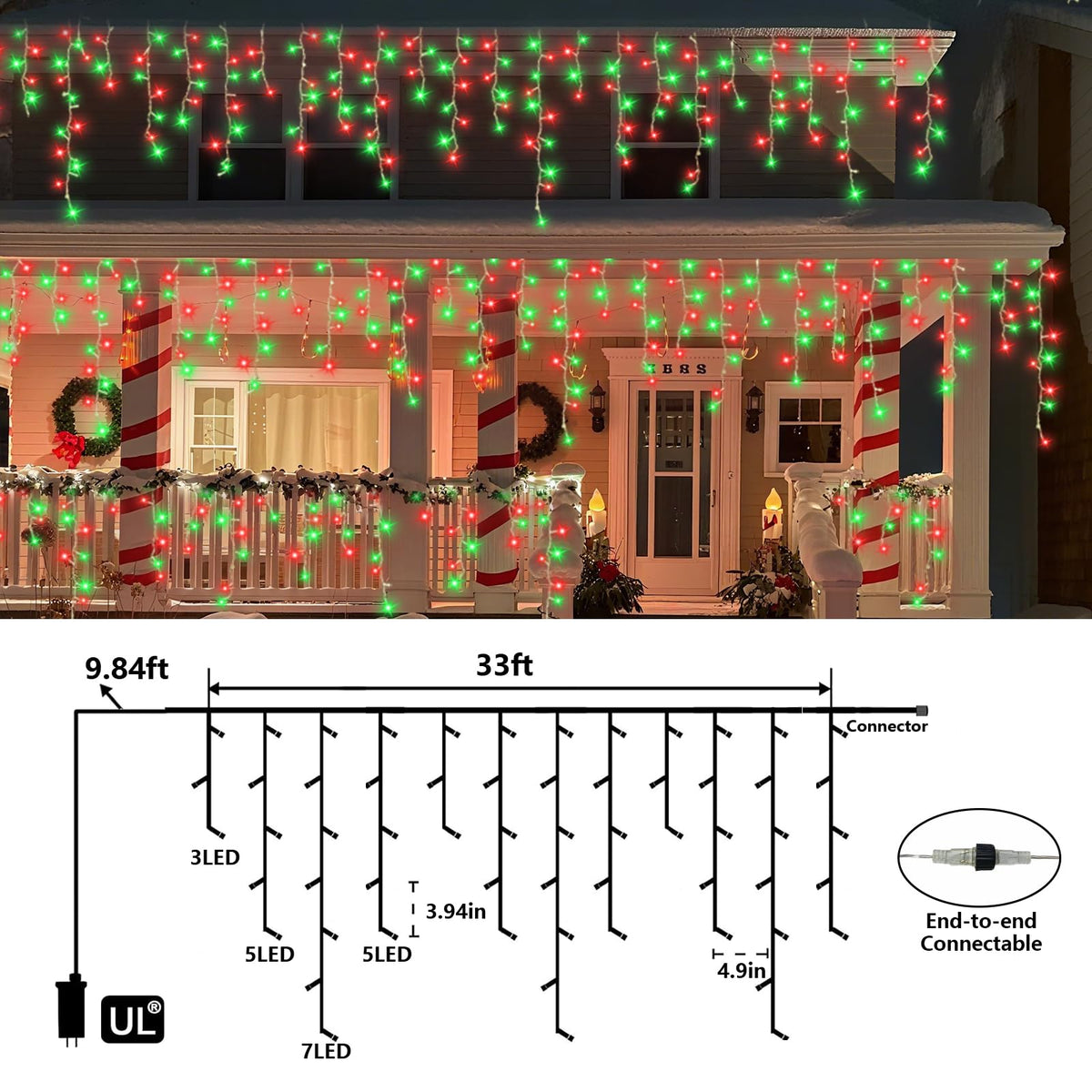 QITONG Red and Green Icicle Lights for Outside, 33ft 400 LED String Lights Indoor with 8 Modes, Clear Wire Connectable Icicle Christmas Lights Plug in