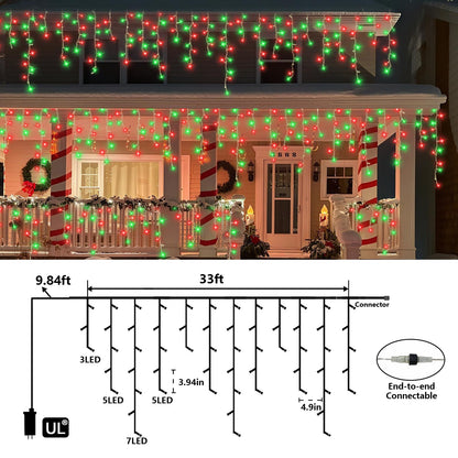 QITONG Red and Green Icicle Lights for Outside, 33ft 400 LED String Lights Indoor with 8 Modes, Clear Wire Connectable Icicle Christmas Lights Plug in