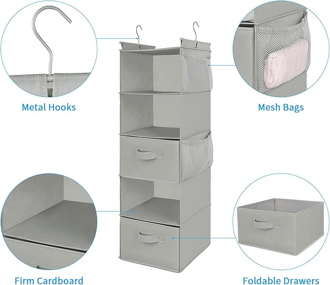 MAX Houser 5 Tier Shelf Hanging Closet Organizer, Cloth Hanging Shelf