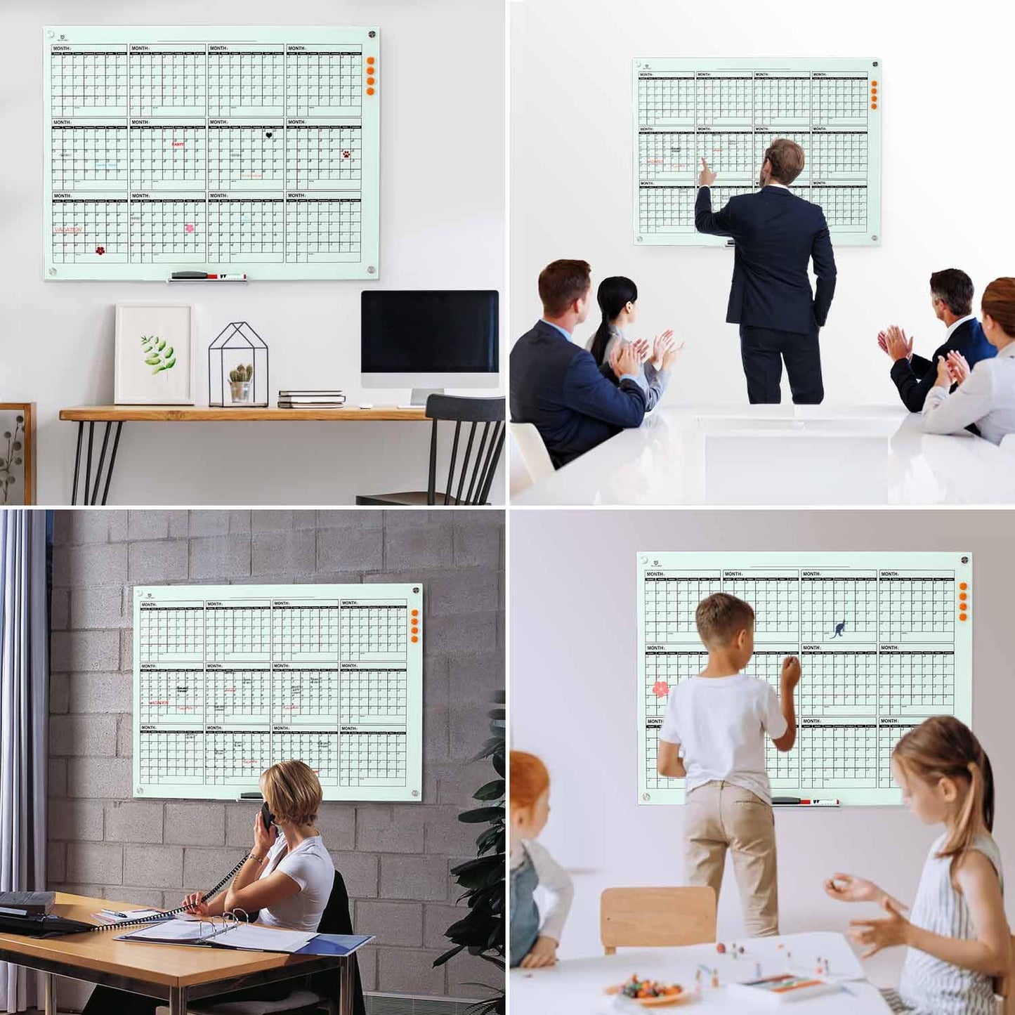TSJ OFFICE Glass Calendar Whiteboard - 48 x 36 Inches Wall Mounted Yearly Calendar Dry Erase Board, Large Magnetic Glass White Board for Office, Home & School