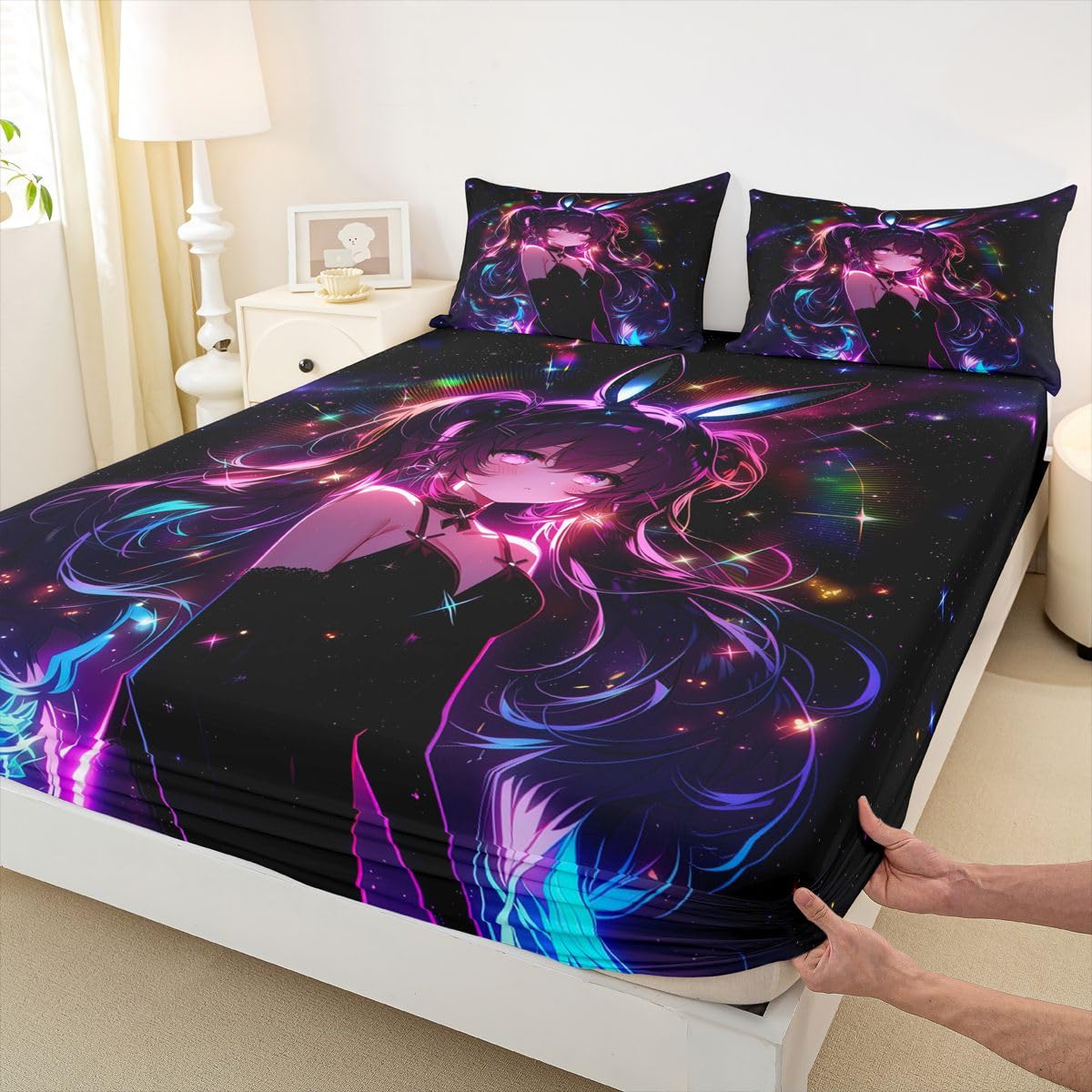 Erosebridal Cute Bunny Girls Sheets Twin Japanese Anime Girl Bed Sheets Set Cartoon 3D Sheet Set for Boys Girls Magical Neon Stars Bed Sets 3Pcs