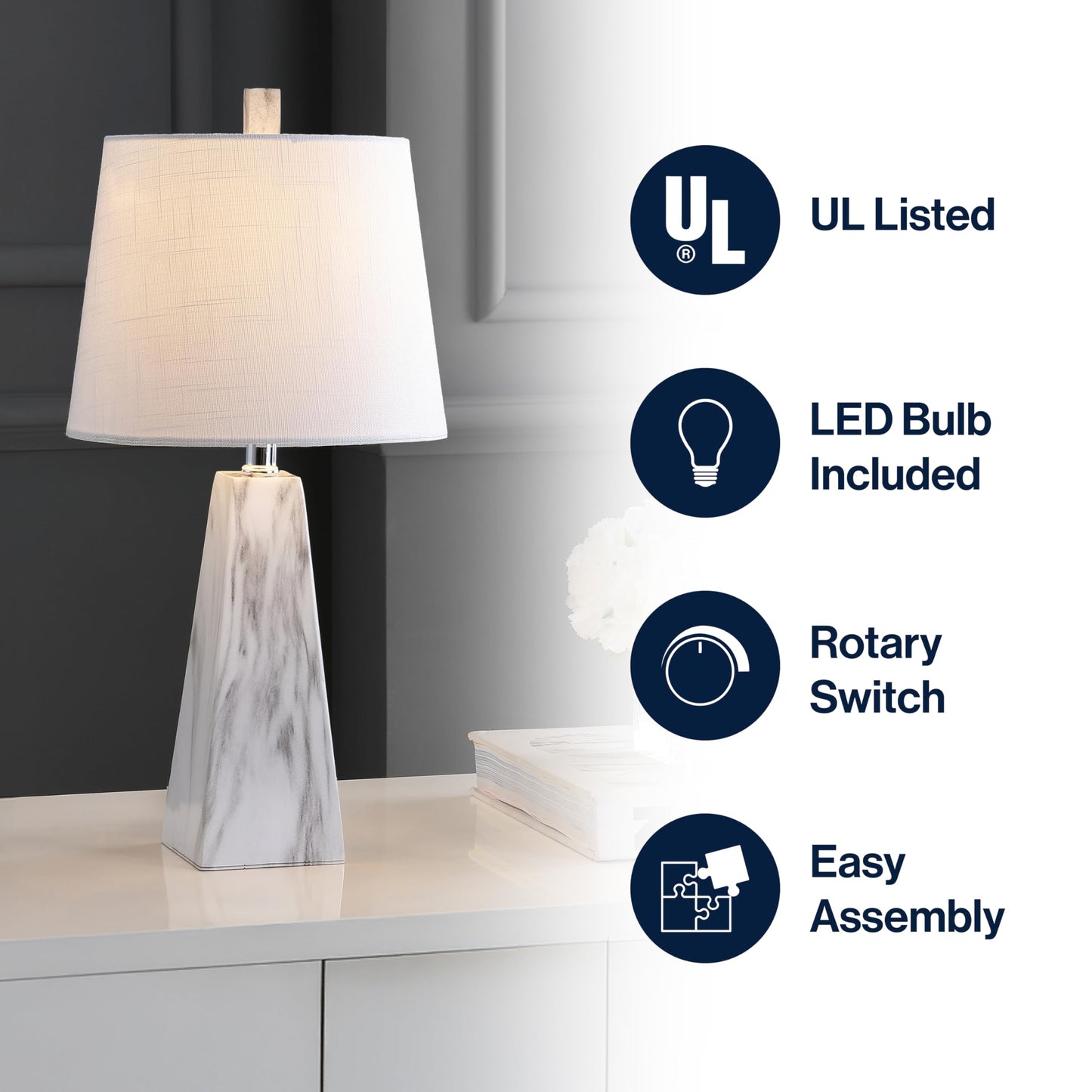 JONATHAN Y 20.5" White Marble Finish Modern Resin Table Lamp for Bedroom Living Room, Contemporary Faceted Bedside Lamp with White Linen Shade, LED Bulb Included JYL1037A