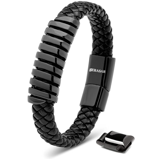 SERASAR Mens Leather Bracelet 20cm Black Men Gift Box Genuine Braided Adjust Able Magnetic Clasp Multi Layer Wrap Rope Man Mans Bracelets Jewelry Magnet Accessories
