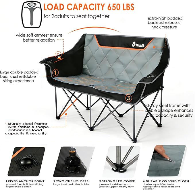 EMERIT Oversized Fully Padded Camping Chair, Heavy Duty 650LB Folding Camping Loveseat, Quad Fold Double Camping Couch with Cup Holders & Carry Bag for Outdoor, Lawn, Sports Events | HIgh Back, Rip resistance, Extra Wide Design, Cross-bracing Hubs, Eas...