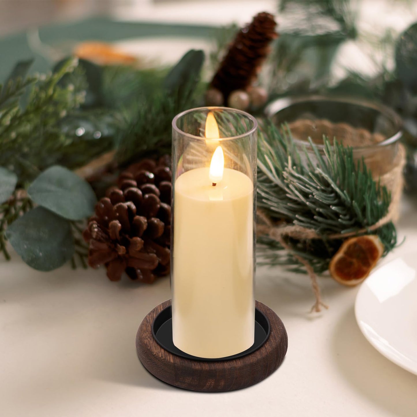 Hatway Wood Candle Holder Farmhouse Decor Wooden Pillar Candles Tray for Table Centerpiece Small Decorative Tray Riser Round Wooden Plate Pedestal Stand for Coffee Table for Christmas Decor Mu-4