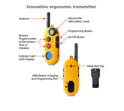 Educator EZ 1/2 Mile Dog Training Collar with Ergonomic Remote, Safe Humane Vibration Stimulation, Pavlovian Tone, Waterproof, Odorproof Biothane Collar, Night Light, Rechargeable, 2 Dog, Yellow
