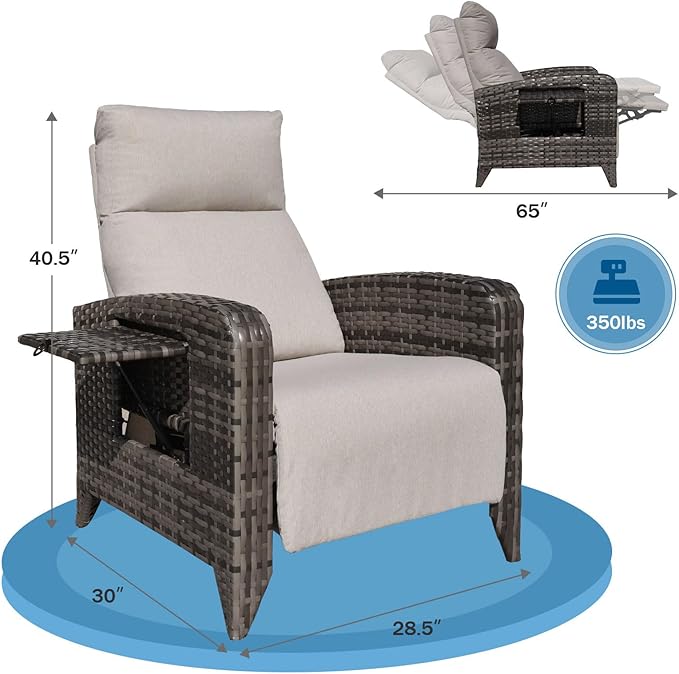 Outdoor Recliner Chairs Set of 2 Reclining Patio Chairs with Adjustable Back and Extended Footrest Wicker Rattan Recliner Chairs with Flip Table and Removable Cushion