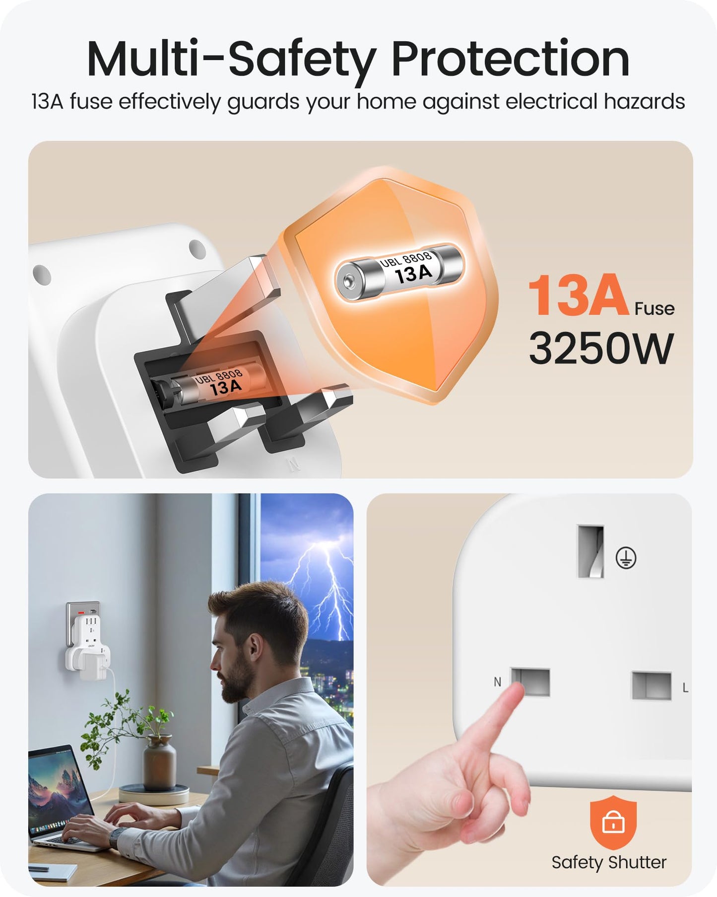 LENCENT Plug Extension Socket, 3 Way Multi Plug Socket with 3 USB Ports, Power Extender Wall Adaptor for Household Appliances, Iphone, Smartphone, Tablet, Home, Office, Bedroom, 13A 3250W