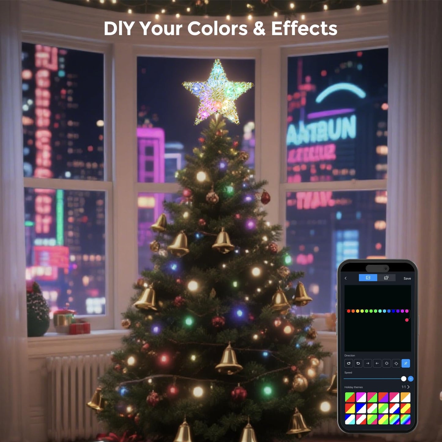 Smart Christmas Tree Topper, 9" RGB Star Tree Topper, Timer, App Control, USB Powered, Music Sync, Gold Tree Topper for Indoor Party Holiday Decor