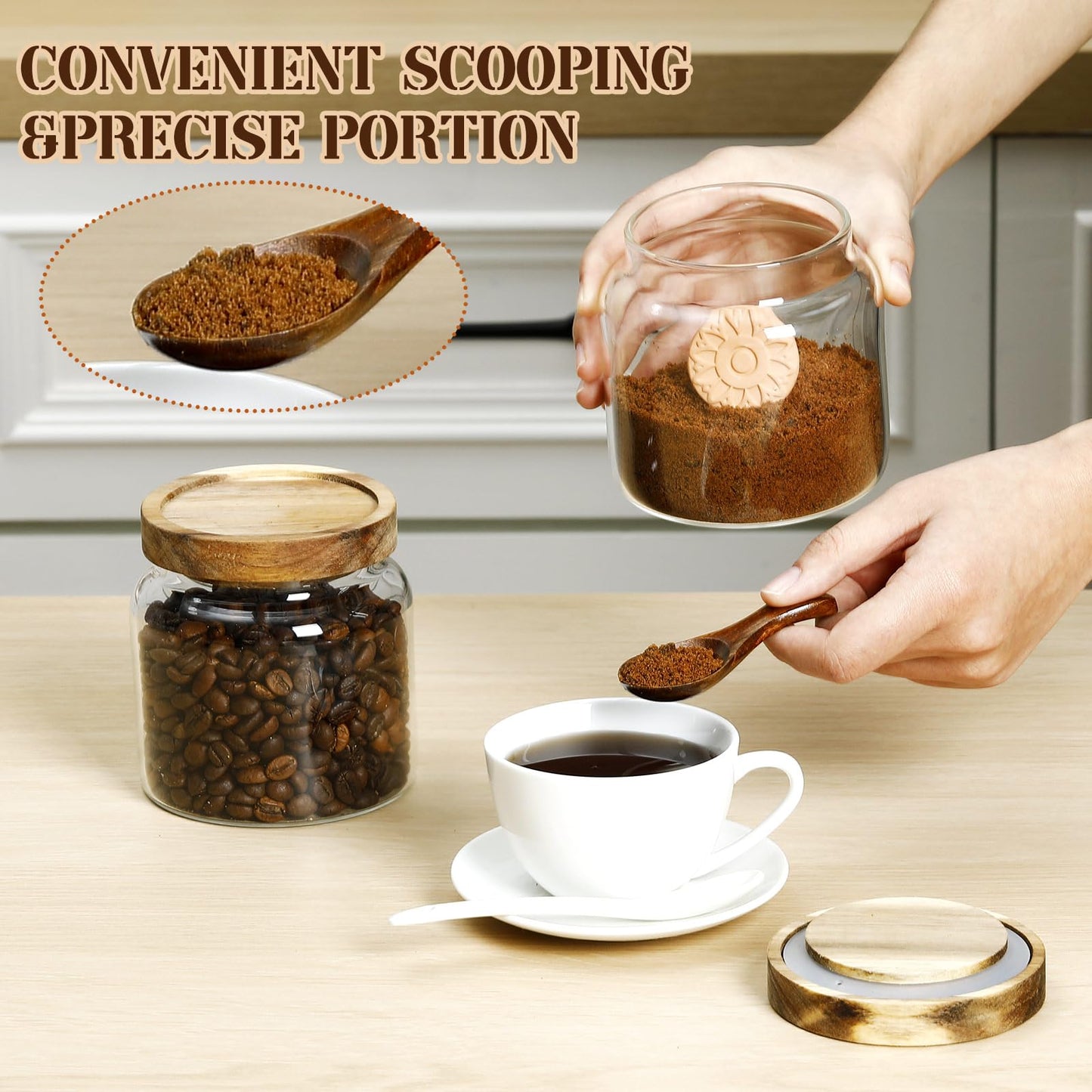 Maxdot 2 Pack Brown Sugar Keeper Container with Spoon, 500 ml / 0.53 Qt Glass Brown Sugar Storage Container with Wooden Spoon and Lid, Clear Glass Storage Jar for Baking, Salt and Snacks Saver