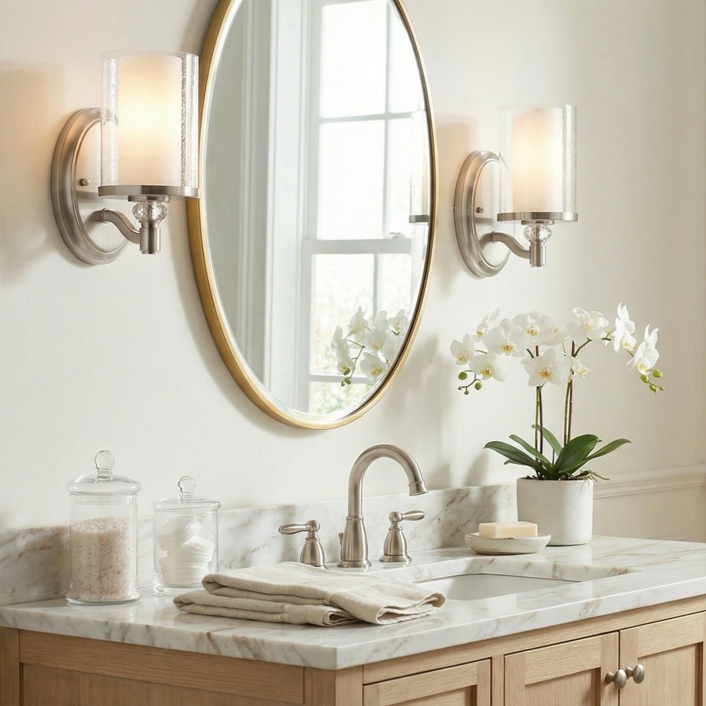 Kira Home Victoria 10" Modern Crystal Wall Sconce, Dual Glass Silver Wall Light with Seeded and Frosted Glass, Brushed Nickel Finish
