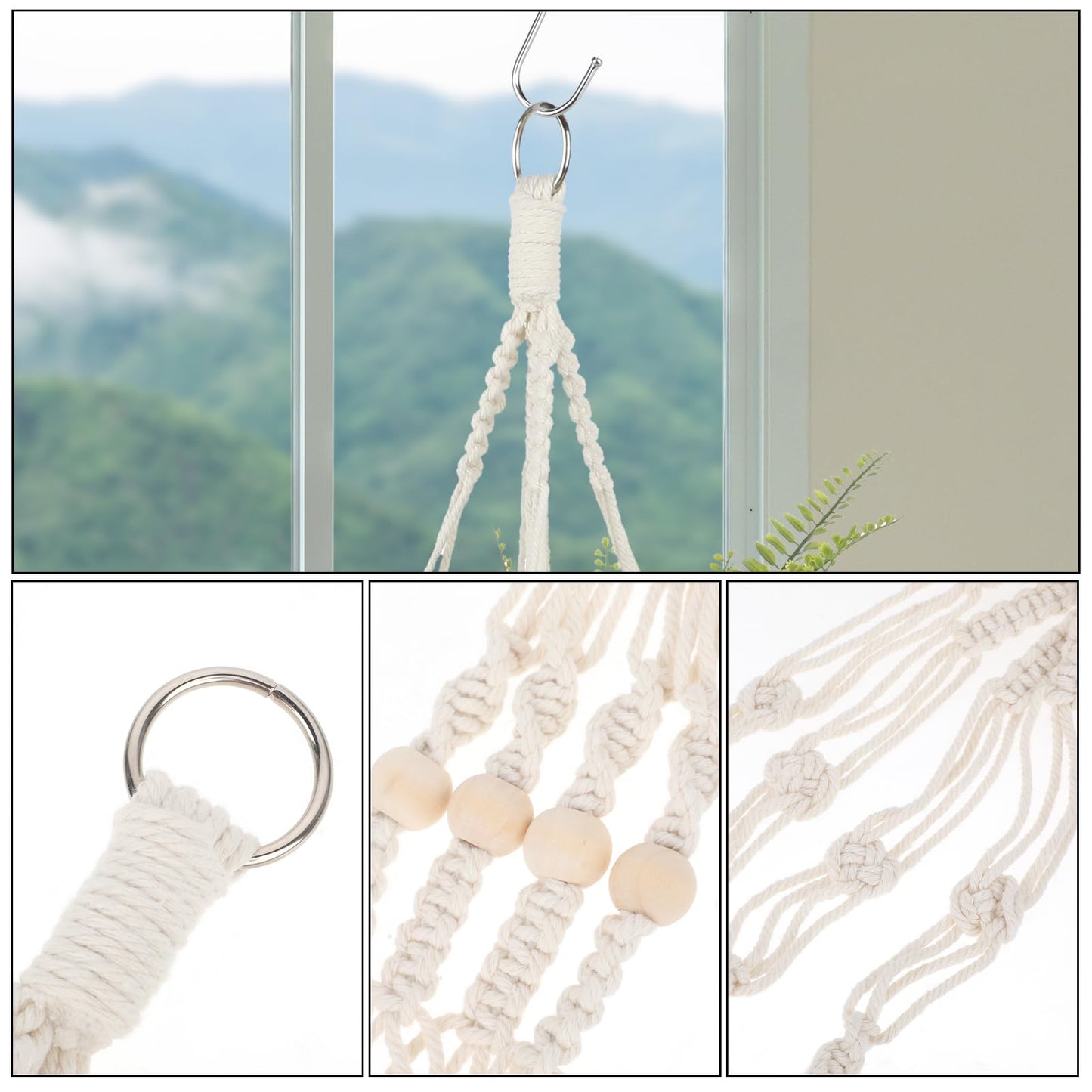 Macrame Plant Hanger Indoor, 2 Pack Boho Decor Hanging Plant Holder Hanging Planters for Indoor Plants Window Plant Hanger Flower Pot Hanging Basket with Wood Beads and Metal Hook Rings Ivory 20 Inch