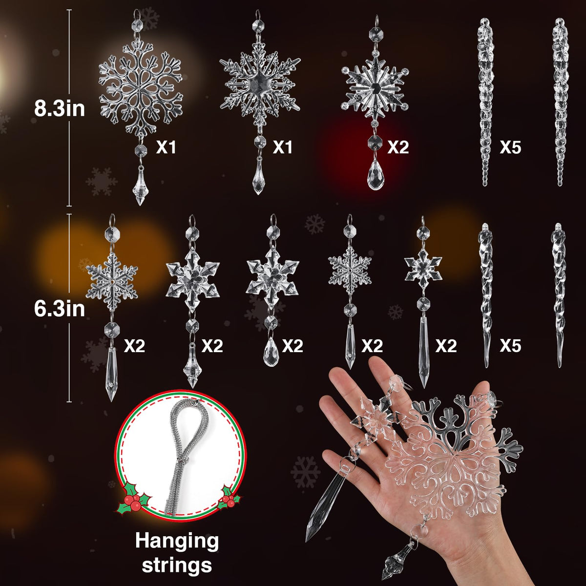 24pcs Snowflake Icicle Ornaments Christmas Tree Decorations - Large Crystal Acrylic Indoor Hanging Decor Set for Xmas Winter Themed Wonderland Party